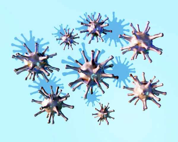 Floating beautiful shiny viruses on blue background, 3d illustration