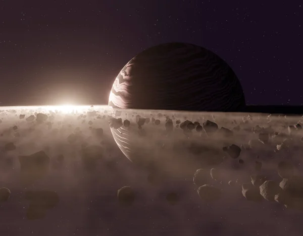 Planeta Saturno Júpiter Close Com Meteoritos Anel Sol Neblina Ilustração — Fotografia de Stock