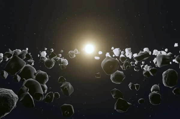 Πολλοί Αστεροειδείς Μετεωρίτες Στον Ορίζοντα Διαστήματος Τον Ήλιο Στο Κέντρο — Φωτογραφία Αρχείου