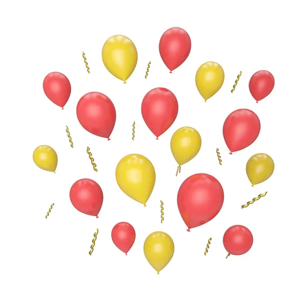 Πολλά Ιπτάμενα Κόκκινα Και Κίτρινα Μπαλόνια Που Απομονώνονται Λευκό Καθιστούν — Φωτογραφία Αρχείου