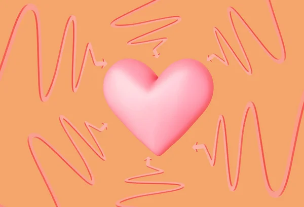 Herz auf orangefarbenem Hintergrund mit spitzen geschwungenen Pfeilen, Liebeskonzept, 3D-Illustration — Stockfoto