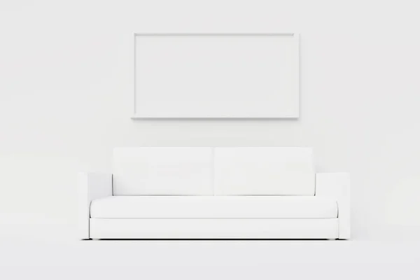 Bílý Minimalistický Obývací Pokoj Pohovkou Velkým Rámečkem Vztyčit Ilustrace — Stock fotografie