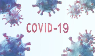 Metin COVID-19 arkaplanlı gerçekçi koronavirüs grubu, 3 boyutlu görüntüleme