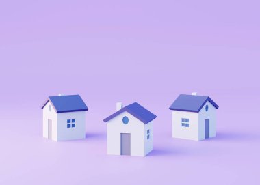 Menekşe arkaplanlı üç basit ev, 3D görüntüleme