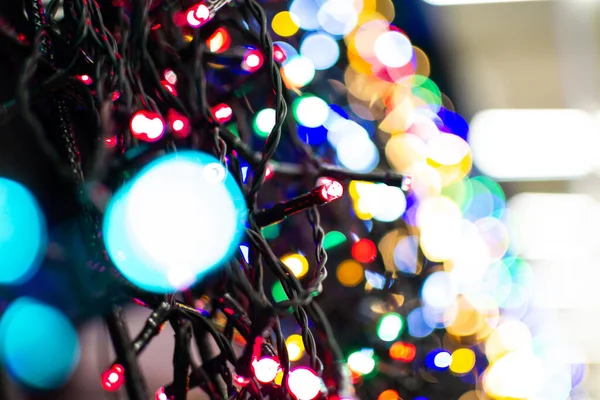 Een Kerst Lichte Garenmet Bokeh Selectieve Focus — Stockfoto