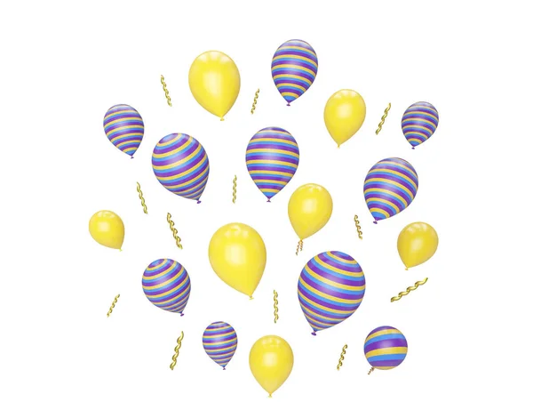 Muitos Voando Balões Cor Amarela Listrada Isolado Branco Renderização — Fotografia de Stock