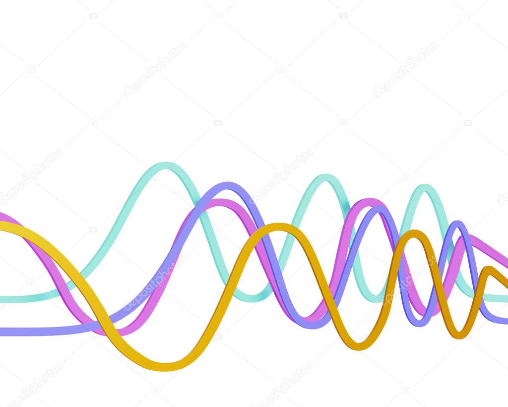 multicolored wavy curved lines isolated on white background, 3d illustration