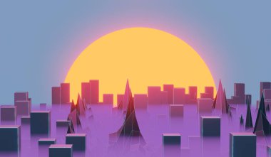 Gökdelenleri sisli ve devasa güneşli, büyük şehir sisli, 3D resimli gelecekçi bir akşam şehri.