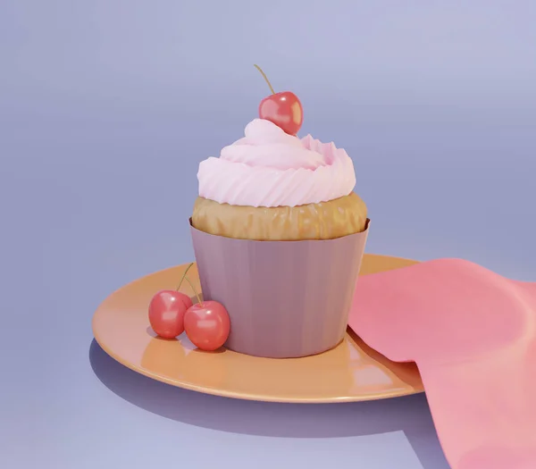 Delicioso Saboroso Cupcakes Com Cereja Cima Renderização — Fotografia de Stock