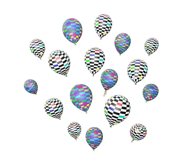 Many Flying Beautiful Checkered Balloons Isolated White Render — Stock Photo, Image