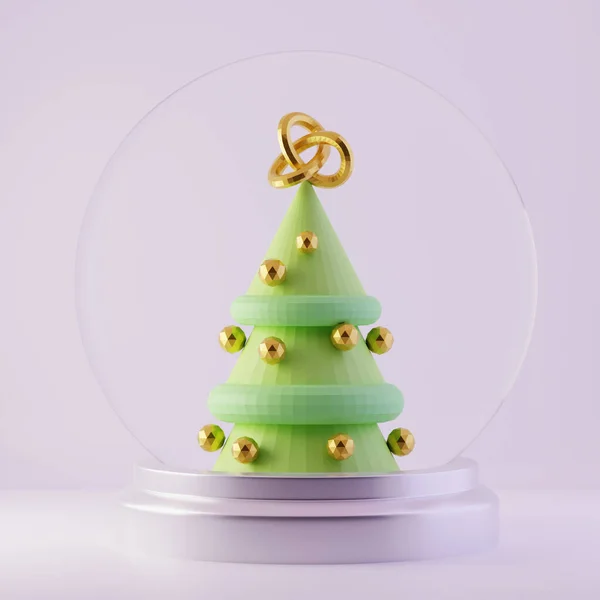 Globo Neve Árvore Natal Dentro Com Decorações Xmas Dourados Renderização — Fotografia de Stock