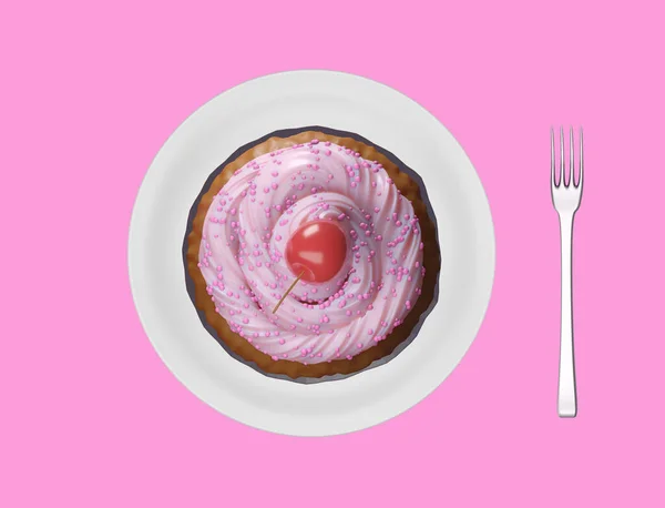 Köstlicher Leckerer Cupcake Mit Rosa Sahnehäubchen Und Kirsche Illustration — Stockfoto