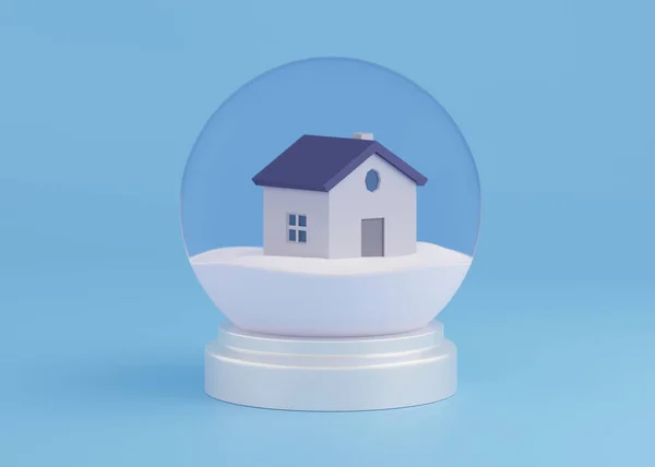 Sebuah Souvenir Transparan Salju Globe Dengan Rumah Dalamnya Render — Stok Foto