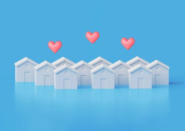 Many white houses with hearts over roofs, beloved family home concept, native city, 3d illustration clipart