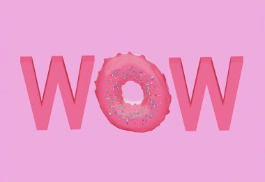 Pembe vişneli çörek. Renkli kelime WOW, 3D illüstrasyon