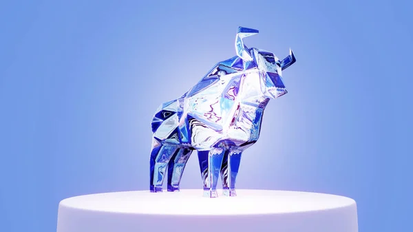 Figurine of polygonal Stylized Bull on a stand, sebuah simbol dari tahun baru 2021, 3d render — Stok Foto