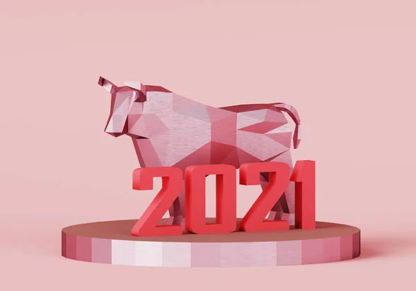 Figurine dari sebuah poli rendah Pink Bull pada stand dengan nomor merah 2021, simbol tahun baru, 3d render — Stok Foto