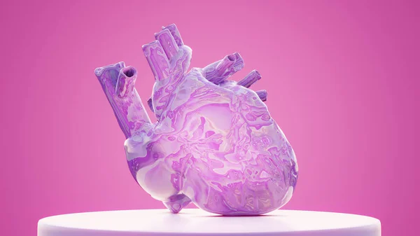 Bright shiny unusual colored anatomical heart on stand, 3d render — Stock Photo, Image