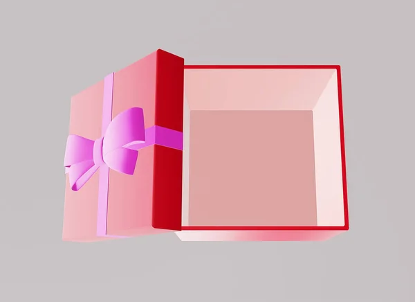 Empty opened gift box with bow on gray background, top view, 3d illustration — Stock Photo, Image