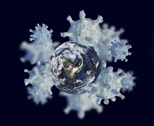 Virus Cells attacks Planet. Dangerous virus COVID-19 or Coronavirus global pandemic concept isolated on white background. 3D illustration