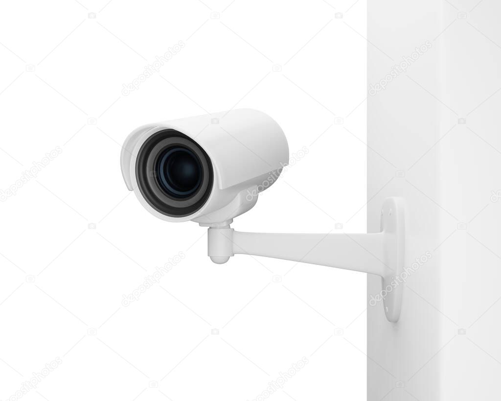 CCTV security camera on the wall on white background, 3d render