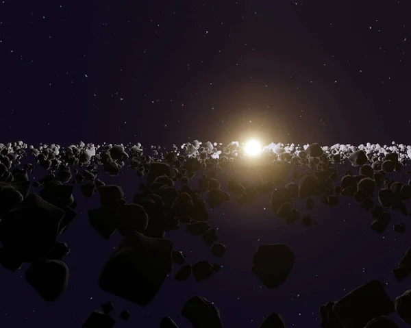 许多小行星或流星雨在太空视界与太阳 3D渲染 — 图库照片