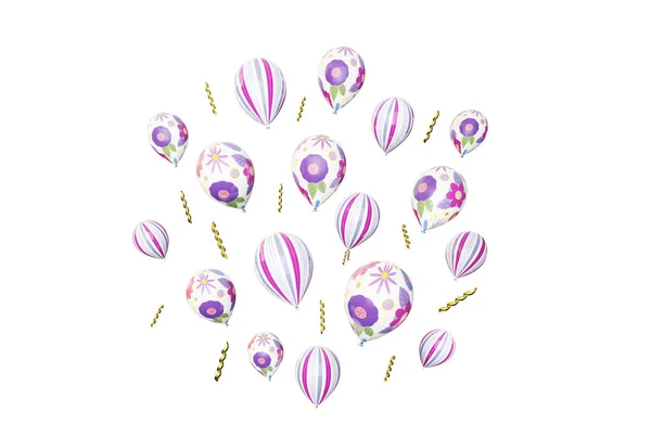 Många Flygande Blomma Och Randiga Ballonger Isolerade Vit Render — Stockfoto