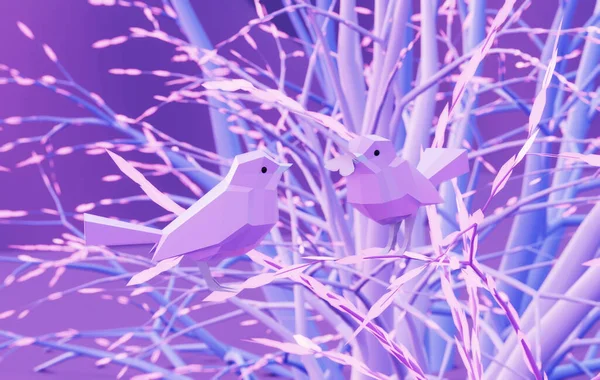 Two Low Poly Tit Birds Sitting Branch Pink Tree Male — Stock Photo, Image