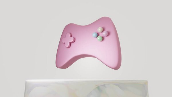 Cute minimalistic pink game joystick on marble stand, computer gaming concept, 3d render