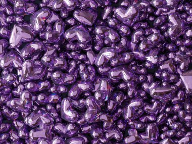 Arka planda mor cam kalpler, yukarıdan manzara, sevgililer günü. 3d illüstrasyon