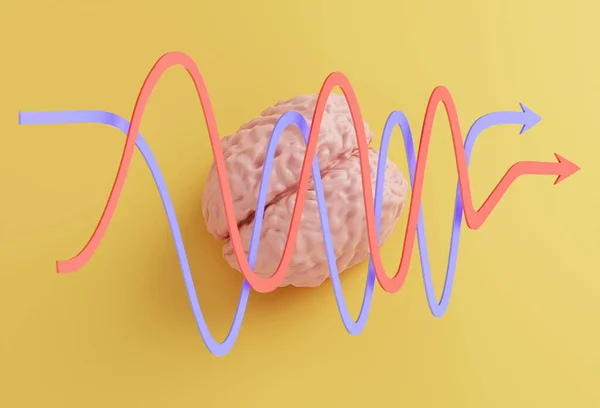 Modello Cervello Umano Rosso Blu Frecce Curve Statistiche Sfondo Giallo — Foto Stock