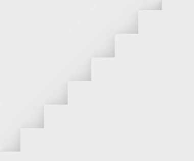 Telif alanı olan beyaz duvarın yanındaki düz merdivenler. Beyaz merdivenli beyaz duvar arkaplanı, 3D görüntüleme