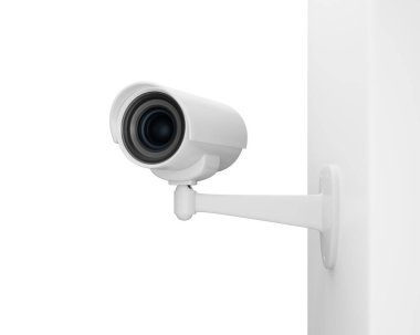 Beyaz arka plandaki duvardaki CCTV güvenlik kamerası, 3D görüntüleme