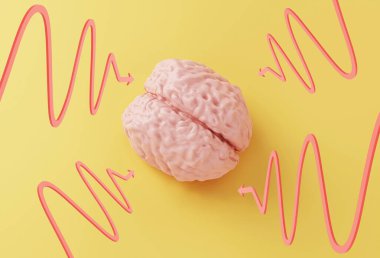 İnsan pembe beyin modeli ve oklar sarı arka planda, duygusal baskı konsepti, stres, 3 boyutlu illüstrasyon