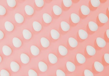 Pembe arka planda beyaz paskalya yumurtaları, yumurta desenleri, 3 boyutlu resimler.