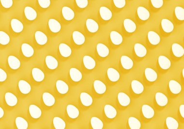 Sarı arka planda beyaz paskalya yumurtaları, yumurta desenleri, 3 boyutlu resimler.