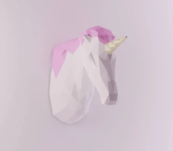 Escultura de papel de um unicórnio poligonal, papel dobrado troféu animal, papelaria, renderização 3d — Fotografia de Stock