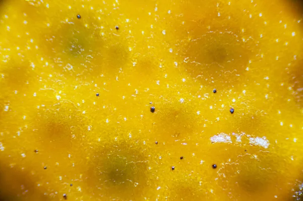Mandarin Kupas Dengan Titik Titik Hitam Bawah Mikroskop Cahaya Rinci — Stok Foto