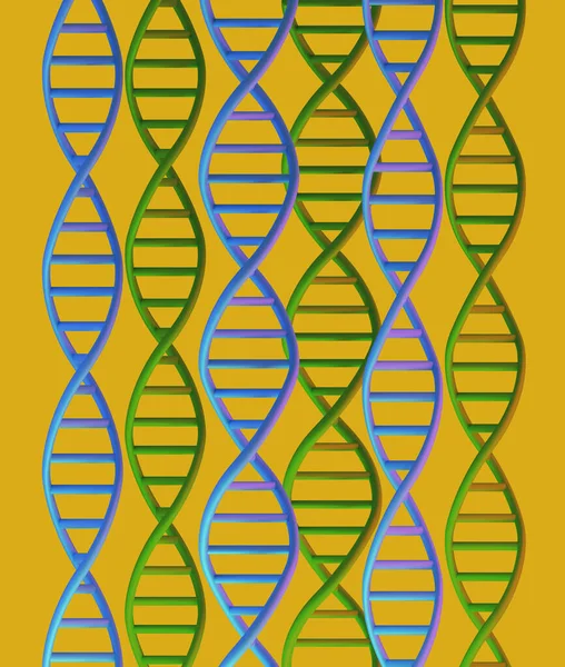 黄色の背景のDNA分子構造、 3Dレンダリング — ストック写真