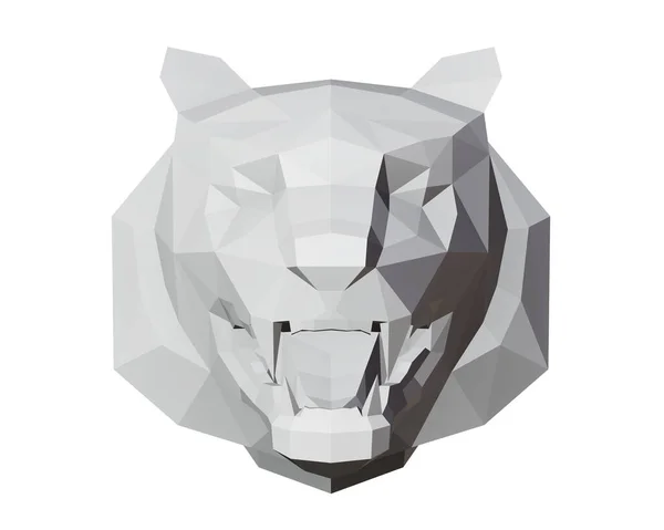 Low poly tiger head in full face, gray color, 3d render — Stok Foto