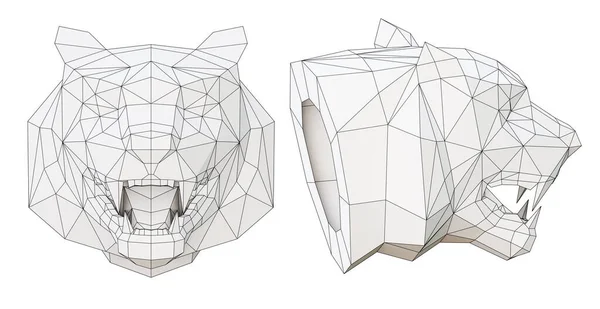 Wireframe low poly tiger head in profile and full face, 3d render — Stok Foto