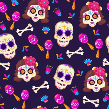 Vector cartoon seamless pattern with sugar skulls, maracas, bones and flower elements isolated on dark purple background.