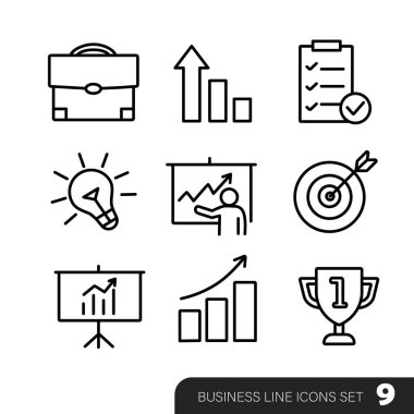 Beyaz arka planda izole edilmiş iş simgeleri. Ofis, finans, yönetim, takım çalışması, iletişim ve kurumsal iş unsurlarının modern ince çizgi çizimi.