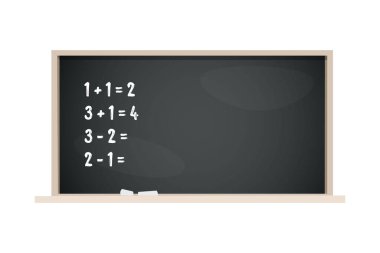 Basit matematik denklemleri ve beyaz tebeşirle yazılmış sayılar içeren açık kahverengi ahşap çerçeveli bir okul karatahtasının vektör çizimi. Öğrenme ve öğretim materyalleri için eğitim geçmişi.