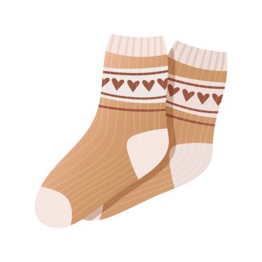 Beyaz arka planda izole edilmiş açık kahverengi, rahat çorapların vektör çizimi. Sıcak kış kıyafetleri aksesuar ve ev kıyafetleri tasarımı.