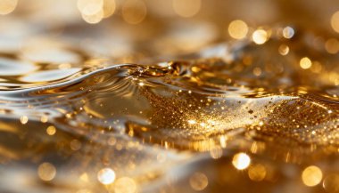 Altın sıvının yüksek çözünürlüklü makro fotoğrafçılığı Bokeh Light etkisi yaratıyor. Soyut lüks dokusu.