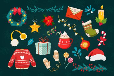 Noel çelengi, Noel çelengi, noktalı çiçek, mumlar, şeker kamışı, kulaklık, hediye kutusu, krem şantili bir kupa, Noel Baba şapkası, kazak, eldiven, lolipop vb..