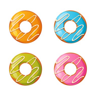 Beyaz arka planda izole edilmiş dört farklı renkli donutun vektör çizimi. 
