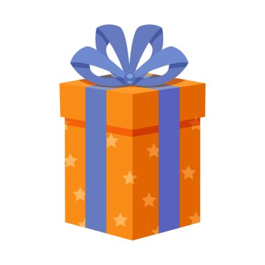 Yıldız desenli ambalaj kağıdı ve beyaz arka planda izole edilmiş büyük mavi bir kurdele ile turuncu hediye kutusunun vektör çizimi.