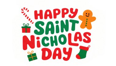 Aziz Niklas Günü için renkli harfler ve çeşitli bayram temalı ikonlar, şeker kamışı, zencefilli kurabiye, hediye kutuları ve beyaz arka planda izole edilmiş Noel çoraplarıyla karikatür çizimi..